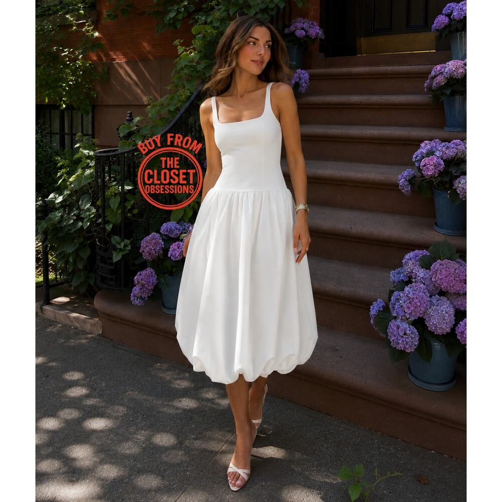 ZARA White Balloon Midi Dress NWT Knit Bodice Cotton Poplin Skirt M - Picture 5 of 16